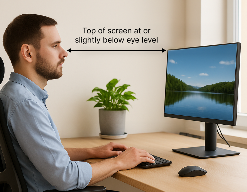 Ergonomic desk setup with man seated correctly