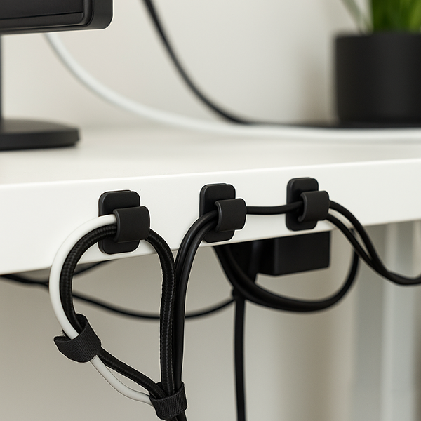 Adhesive clips keeping cords neat and in place Adhesive clips keeping cords neat and in place