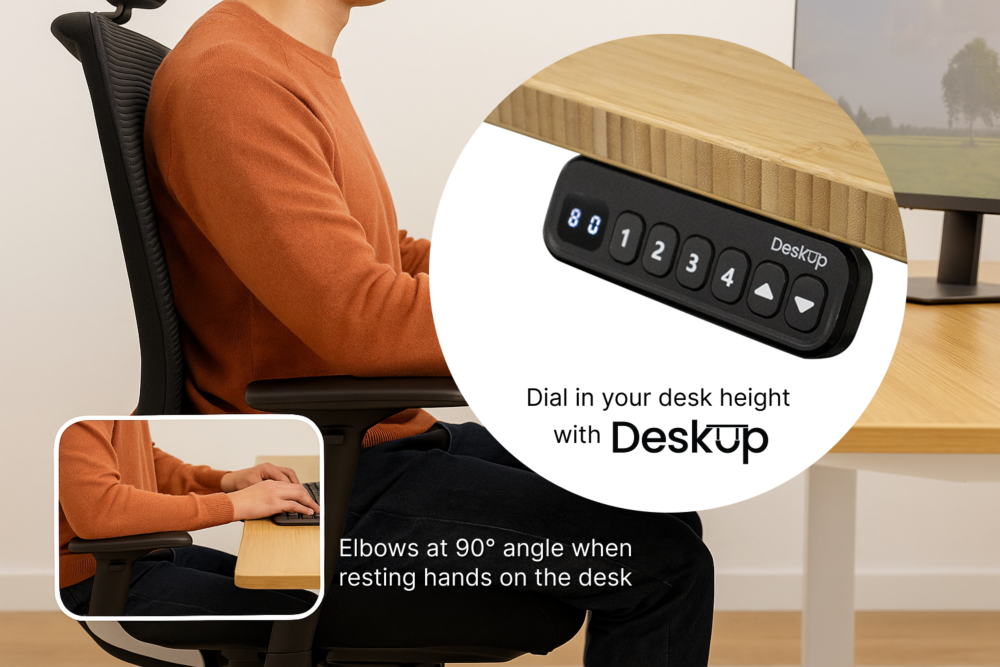 Ergonomic desk setup with man seated correctly