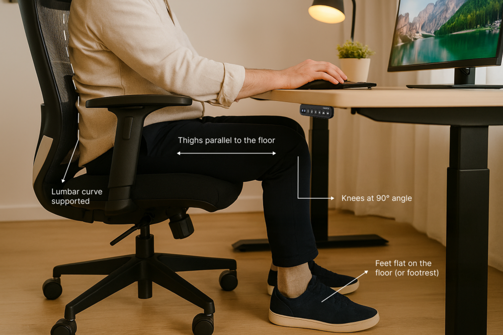 Ergonomic desk setup with man seated correctly