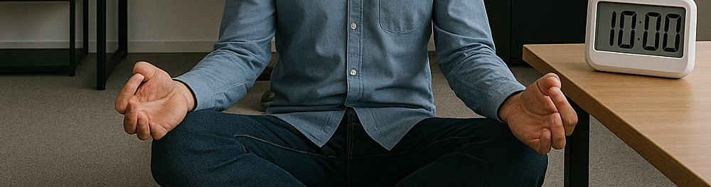 A man is shown meditating in his office