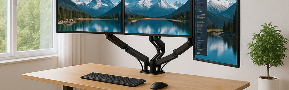 A home office environment showing triple monitors mounted to a 1.6m standing desk