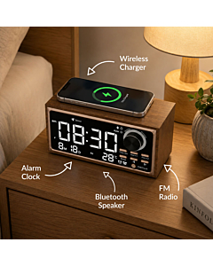 4-in-1 Wooden Wireless Charger, Speaker, Alarm & Radio