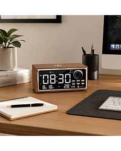 4-in-1 Wooden Wireless Charger, Speaker, Alarm & Radio