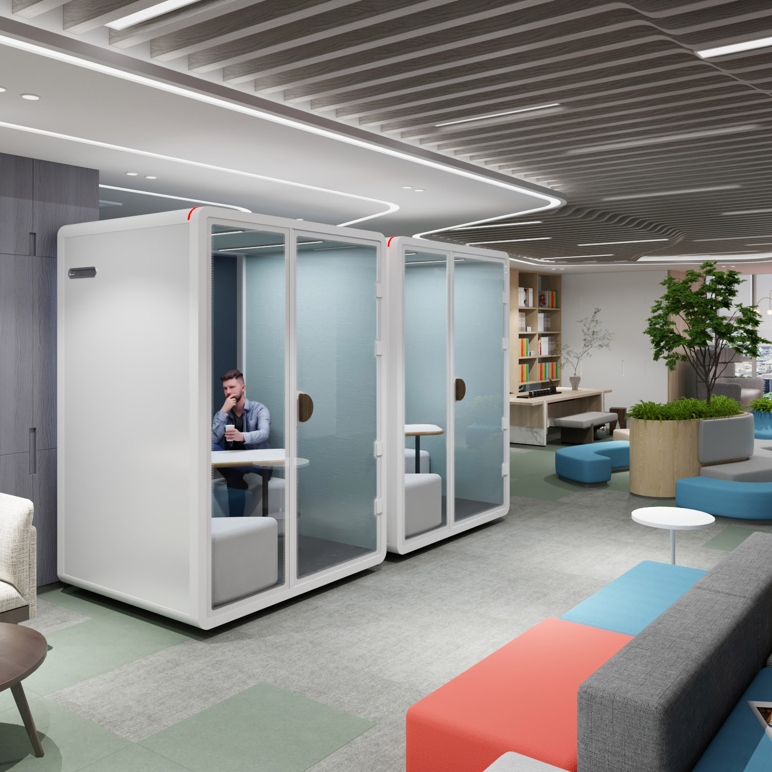 Image of two office pods in a busy office environment